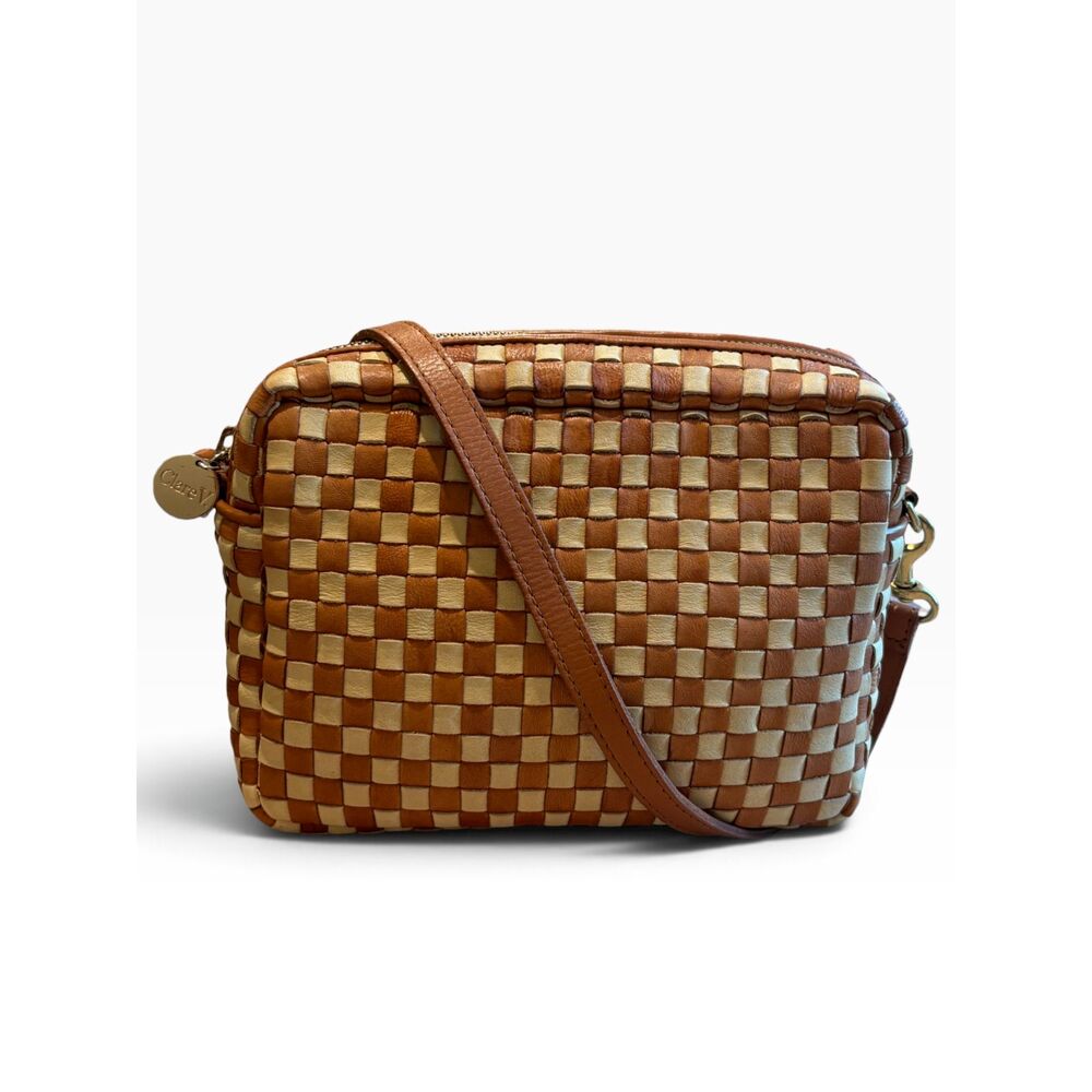 Clare V. Midi Sac Woven Checker Leather Crossbody Bag Cognac Tan Cream